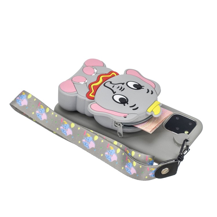 3D Cartoon Animal Soft Silicone Purse Case Wallet Phone Cover with Chain Strap for iPhone 11 6.1 inch (2019) - Grey Elephant-2