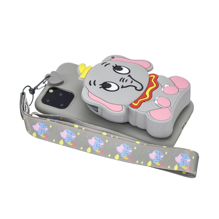 3D Cartoon Animal Soft Silicone Purse Case Wallet Phone Cover with Chain Strap for iPhone 11 6.1 inch (2019) - Grey Elephant-3