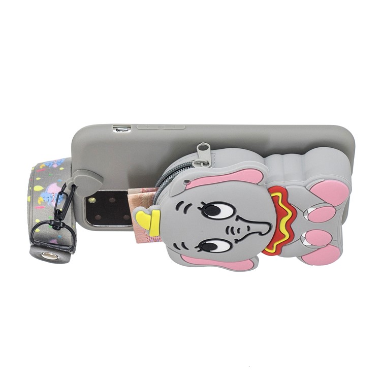 3D Cartoon Animal Soft Silicone Purse Case Wallet Phone Cover with Chain Strap for iPhone 11 6.1 inch (2019) - Grey Elephant-4