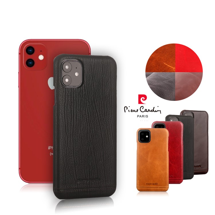 PIERRE CARDIN Genuine Leather Skin Phone Shell for Apple iPhone 11 6.1 inch - Black-2