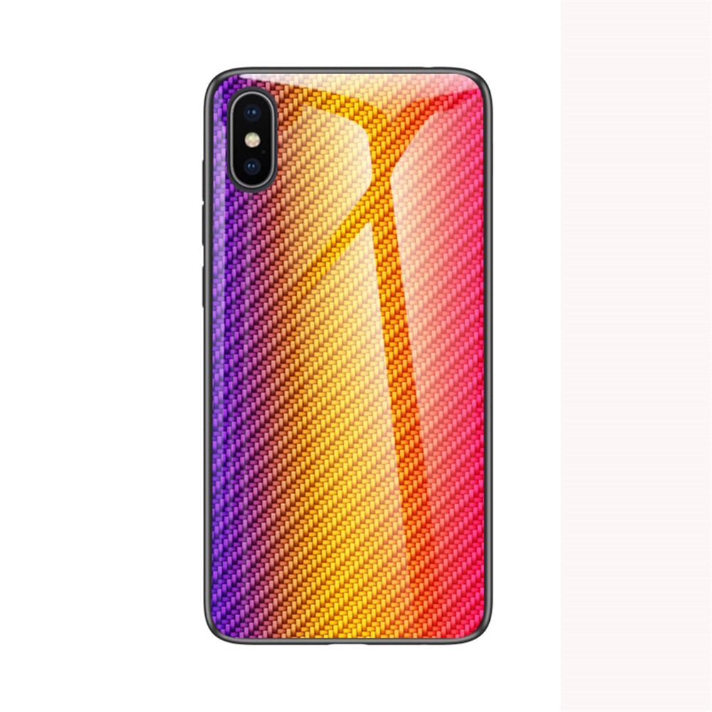 Carbon Fiber Texture Tempered Glass + PC + TPU Hybrid Phone Case for iPhone XS / iPhone X - Yellow / Purple / Red