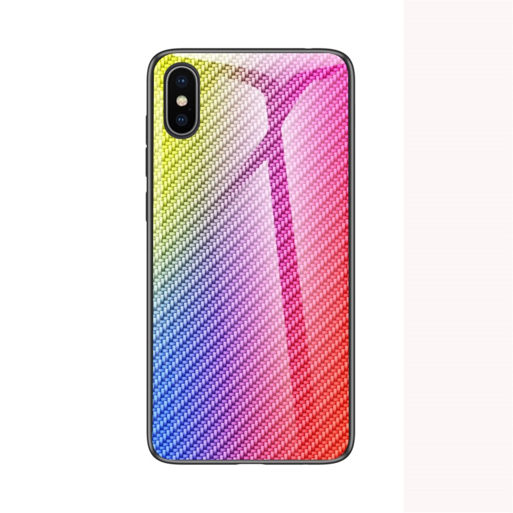 Carbon Fiber Texture Tempered Glass + PC + TPU Hybrid Phone Case for iPhone XS / iPhone X - Multi-color