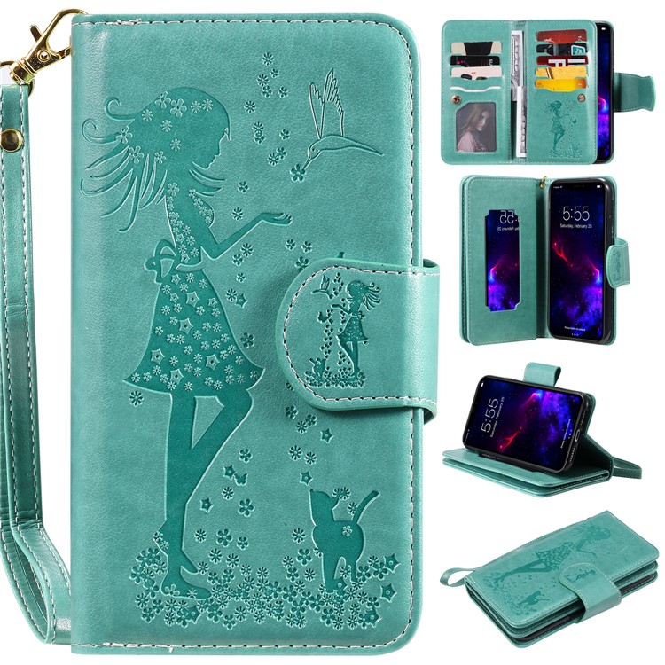 Imprint Girl and Cat 9 Card Slots Leather Wallet Case with Lanyard for iPhone 11 6.1 inch (2019) - Cyan-1