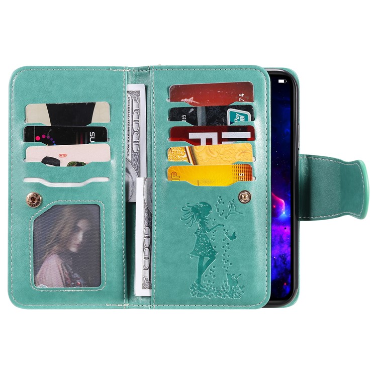 Imprint Girl and Cat 9 Card Slots Leather Wallet Case with Lanyard for iPhone 11 6.1 inch (2019) - Cyan-4