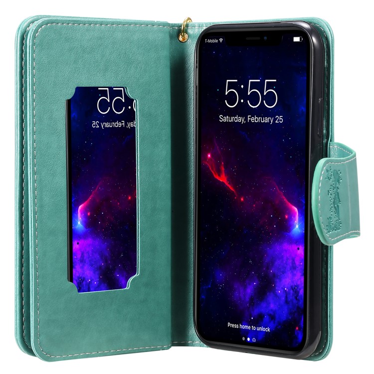 Imprint Girl and Cat 9 Card Slots Leather Wallet Case with Lanyard for iPhone 11 6.1 inch (2019) - Cyan-5