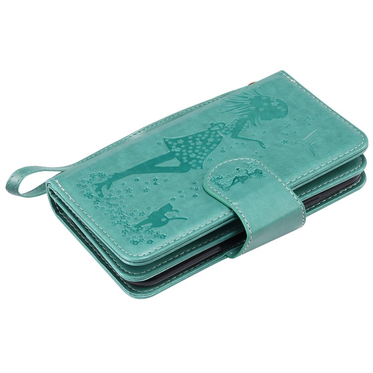 Imprint Girl and Cat 9 Card Slots Leather Wallet Case with Lanyard for iPhone 11 6.1 inch (2019) - Cyan-6