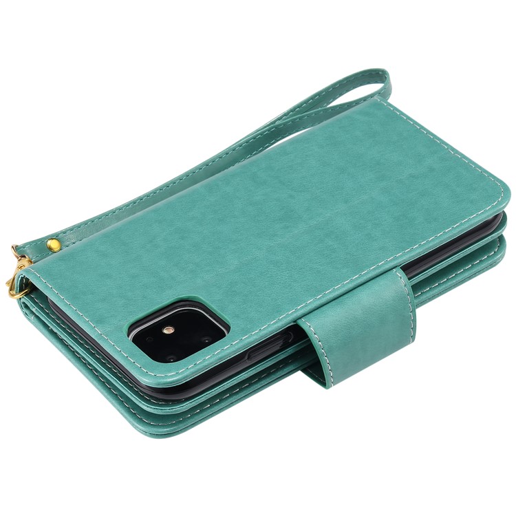 Imprint Girl and Cat 9 Card Slots Leather Wallet Case with Lanyard for iPhone 11 6.1 inch (2019) - Cyan-7