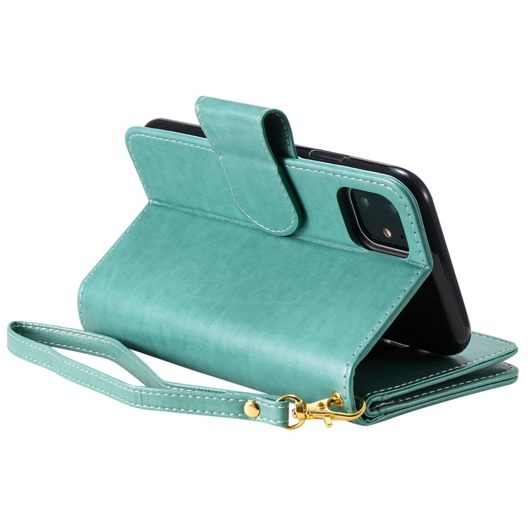 Imprint Girl and Cat 9 Card Slots Leather Wallet Case with Lanyard for iPhone 11 6.1 inch (2019) - Cyan-9