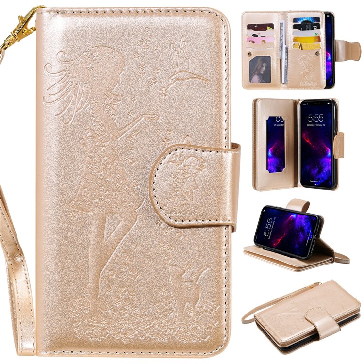 Imprint Girl and Cat 9 Card Slots Leather Wallet Case with Lanyard for iPhone 11 6.1 inch (2019) - Gold-1