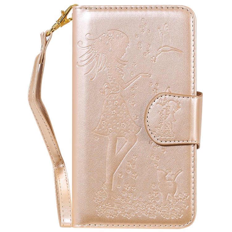 Imprint Girl and Cat 9 Card Slots Leather Wallet Case with Lanyard for iPhone 11 6.1 inch (2019) - Gold-2