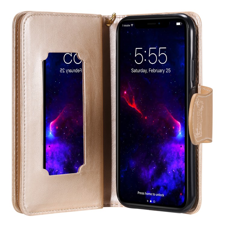 Imprint Girl and Cat 9 Card Slots Leather Wallet Case with Lanyard for iPhone 11 6.1 inch (2019) - Gold-5