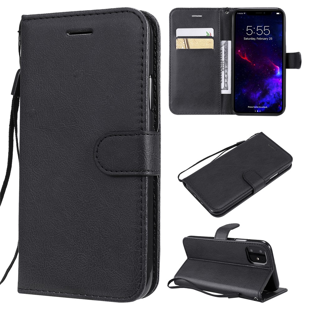 Volltonfarbe PU-Leder Brieftasche Telefonkasten Mit Lanyard Für IPhone 11 6,1 Zoll (2019) - Schwarz-1