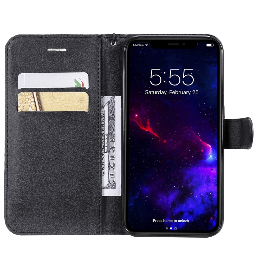 Volltonfarbe PU-Leder Brieftasche Telefonkasten Mit Lanyard Für IPhone 11 6,1 Zoll (2019) - Schwarz-4