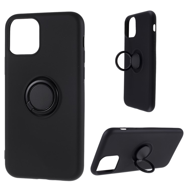 All-wrapped Liquid Silicone Kickstand Phone Shell with Finger Ring for iPhone 11 6.1 inch (2019) - Black-1