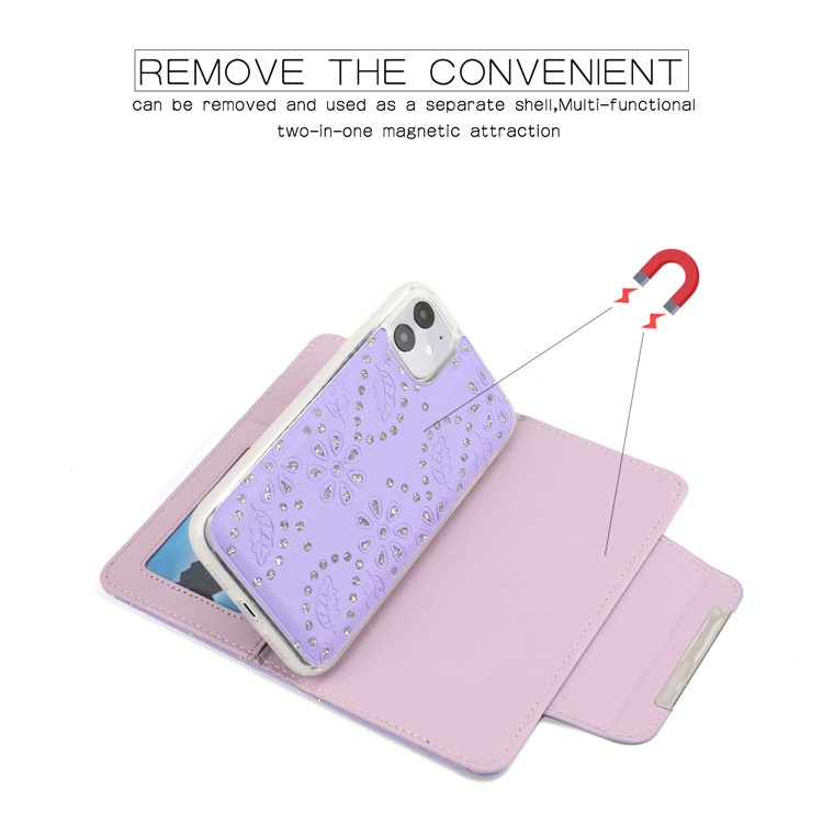 Reluzente Destacável Deixa Tampa Flores De Couro + Caso TPU Interno Para Iphone 11 6,1 Polegadas - Roxa-3