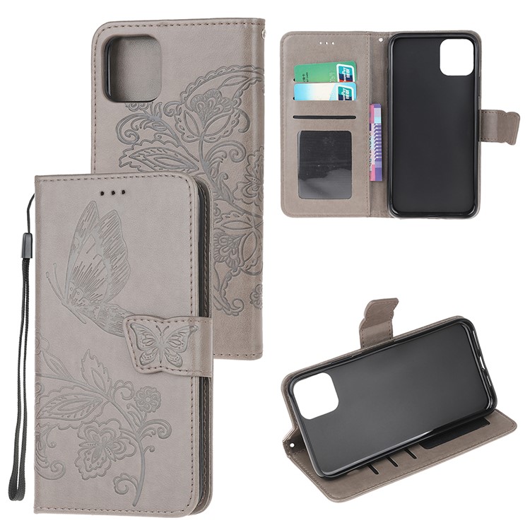 Flor De Borboleta Caixa De Couro Carteira Marca Para Iphone 11 6,1 Polegadas - Cinzento-1