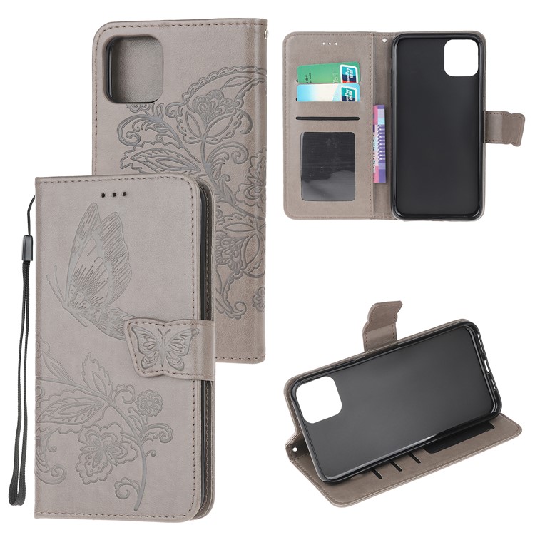 Imprint Butterfly Flower Leather Wallet Case for iPhone 11 Pro 5.8 inch - Grey-1