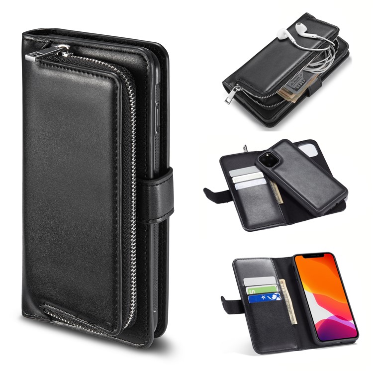 2-in-1 Zippered Leather Shell Casing for iPhone 11 Pro 5.8 inch - Black-1