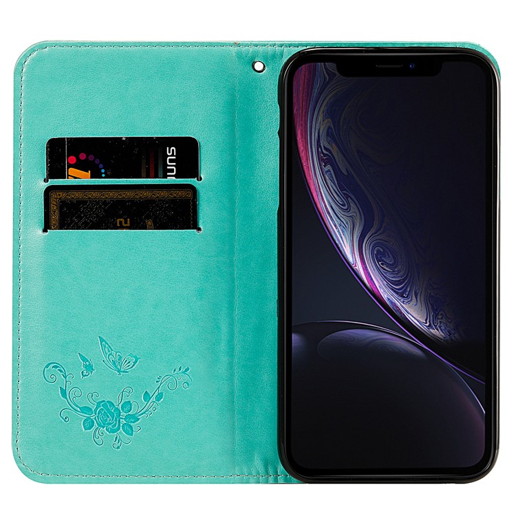 Auto-absorbed Imprint Butterfly Flower Leather Cover for iPhone 11 6.1 inch - Green-3