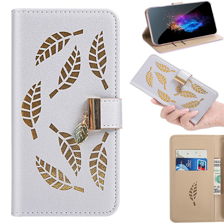 Leaf Pattern Leather Wallet Case for iPhone 11 6.1 inch - Silver-1