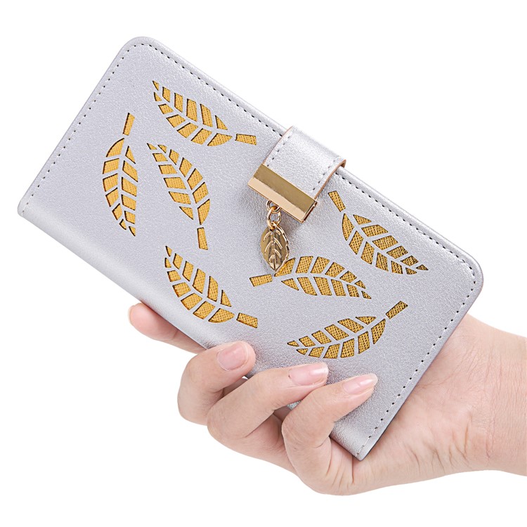 Leaf Pattern Magnetic Leather Wallet Case for iPhone XR 6.1 inch - Silver-6