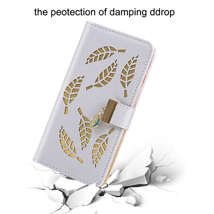 Leaf Pattern Magnetic Leather Wallet Case for iPhone XR 6.1 inch - Silver-7