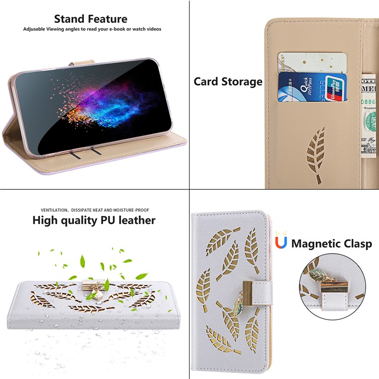Leaf Pattern Magnetic Leather Wallet Case for iPhone XR 6.1 inch - Silver-8