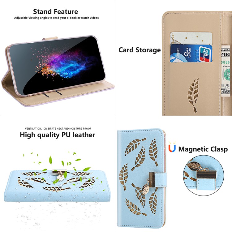 Leaf Pattern Leather Wallet Case Cover for iPhone XS Max 6.5 inch - Blue-8