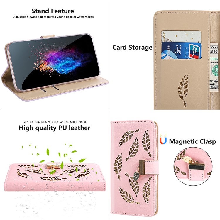 Leaf Pattern Leather Wallet Case Cover for iPhone XS Max 6.5 inch - Pink-8