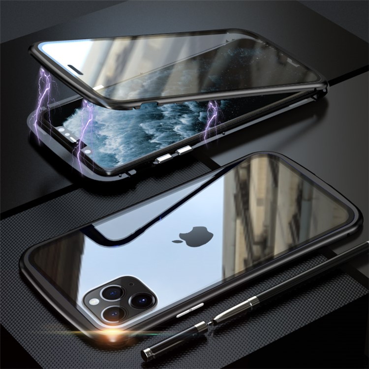 LUPHIE Metal Frame Magnetic Closure Tempered Glass Phone Case for Apple iPhone 11 Pro Max 6.5 inch - Black