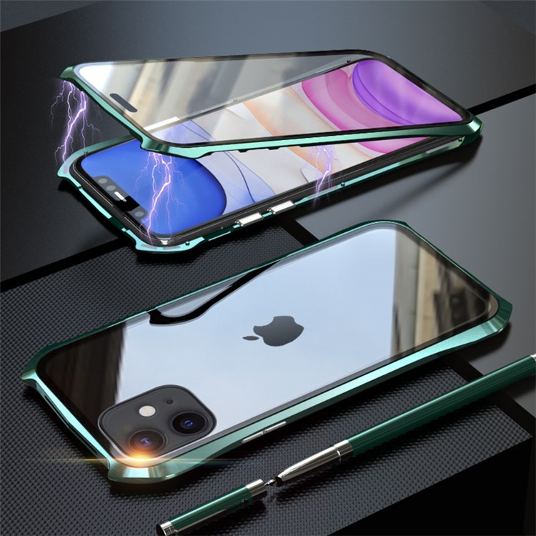 LUPHIE Bat Style Magnetic Installation Metal Frame + Tempered Glass Alll-side Protective Shell for iPhone 11 6.1 inch (2019) - Green-1