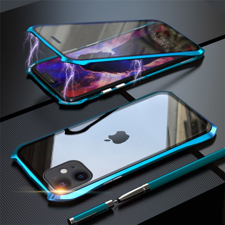 LUPHIE Bat Style Magnetic Installation Metal Frame + Tempered Glass Alll-side Protective Shell for iPhone 11 6.1 inch (2019) - Cyan-1