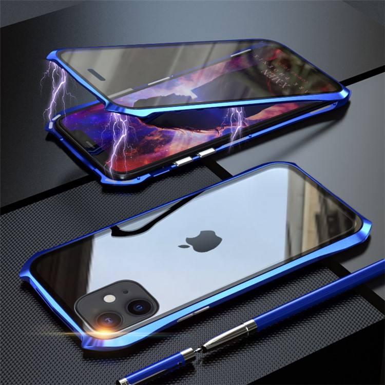 LUPHIE Bat Style Magnetic Installation Metal Frame + Tempered Glass Alll-side Protective Shell for iPhone 11 6.1 inch (2019) - Blue-1
