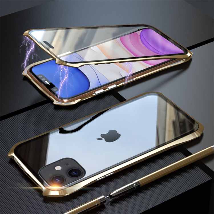 LUPHIE Bat Style Magnetic Installation Metal Frame + Tempered Glass Alll-side Protective Shell for iPhone 11 6.1 inch (2019) - Gold-1