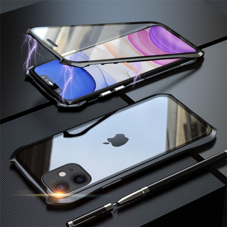 LUPHIE Bat Style Magnetic Installation Metal Frame + Tempered Glass Alll-side Protective Shell for iPhone 11 6.1 inch (2019) - Black-1