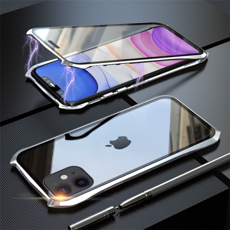 LUPHIE Bat Style Magnetic Installation Metal Frame + Tempered Glass Alll-side Protective Shell for iPhone 11 6.1 inch (2019) - Silver-1