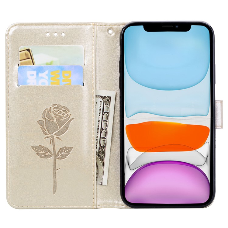 Imprinted Rose Flower Pattern Leather Wallet Phone Cover for iPhone 11 Pro 5.8 inch (2019) - Gold-6