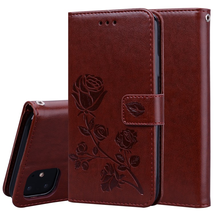 Imprinted Rose Flower Pattern Leather Wallet Phone Cover for iPhone 11 Pro 5.8 inch (2019) - Brown-1