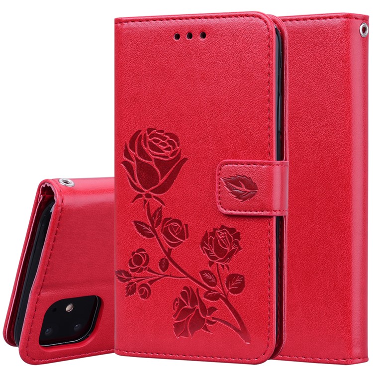 Imprinted Rose Flower Pattern Leather Wallet Phone Casing for iPhone 11 6.1 inch (2019) - Red-1
