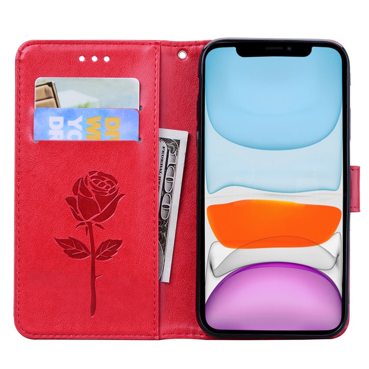 Imprinted Rose Flower Pattern Leather Wallet Phone Casing for iPhone 11 6.1 inch (2019) - Red-6