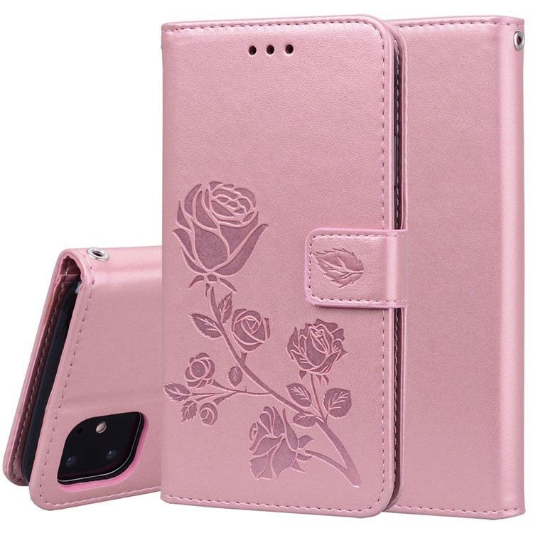 Imprinted Rose Flower Pattern Leather Wallet Phone Casing for iPhone 11 6.1 inch (2019) - Pink-1