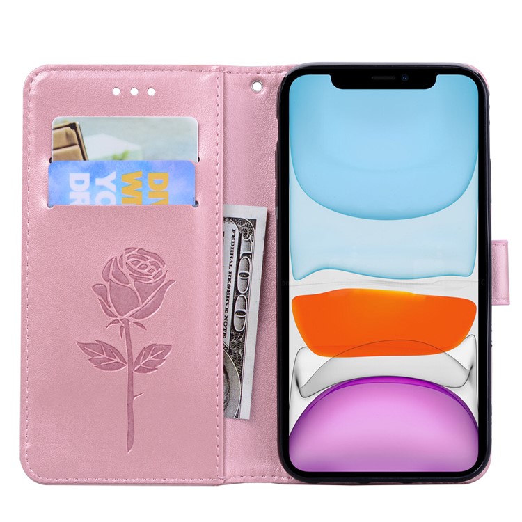 Imprinted Rose Flower Pattern Leather Wallet Phone Casing for iPhone 11 6.1 inch (2019) - Pink-6