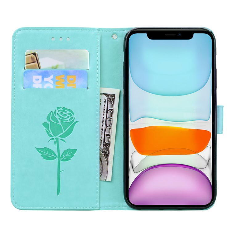 Imprinted Rose Flower Pattern Wallet Flip Leather Case for iPhone 11 Pro Max 6.5 inch (2019) - Cyan-6