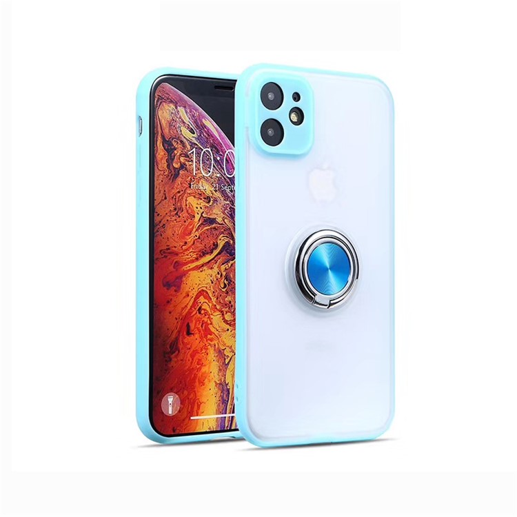 For iPhone 11 6.1 inch Skin-caring Series PC+TPU Finger Ring Holder Phone Cover - Baby Blue-1