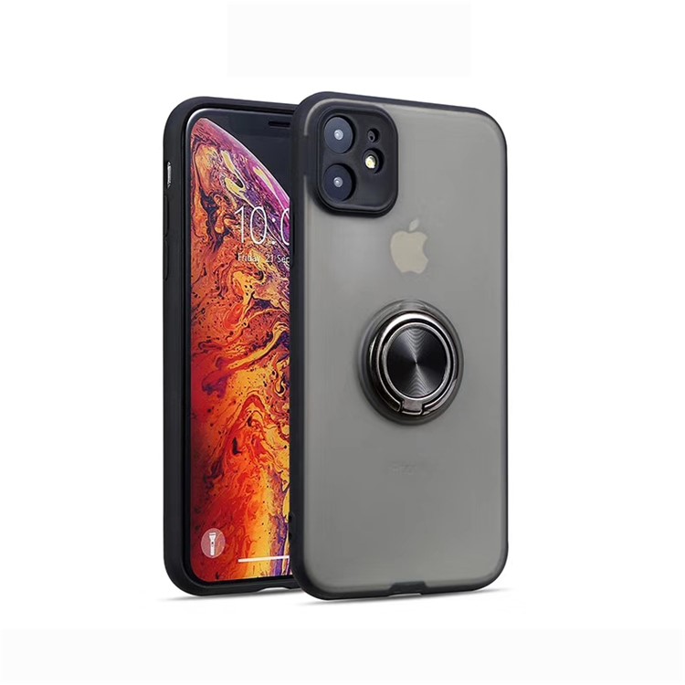 For iPhone 11 6.1 inch Skin-caring Series PC+TPU Finger Ring Holder Phone Cover - Black-1