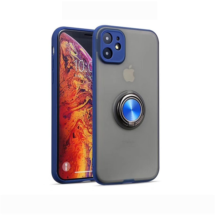 For iPhone 11 6.1 inch Skin-caring Series PC+TPU Finger Ring Holder Phone Cover - Dark Blue-1