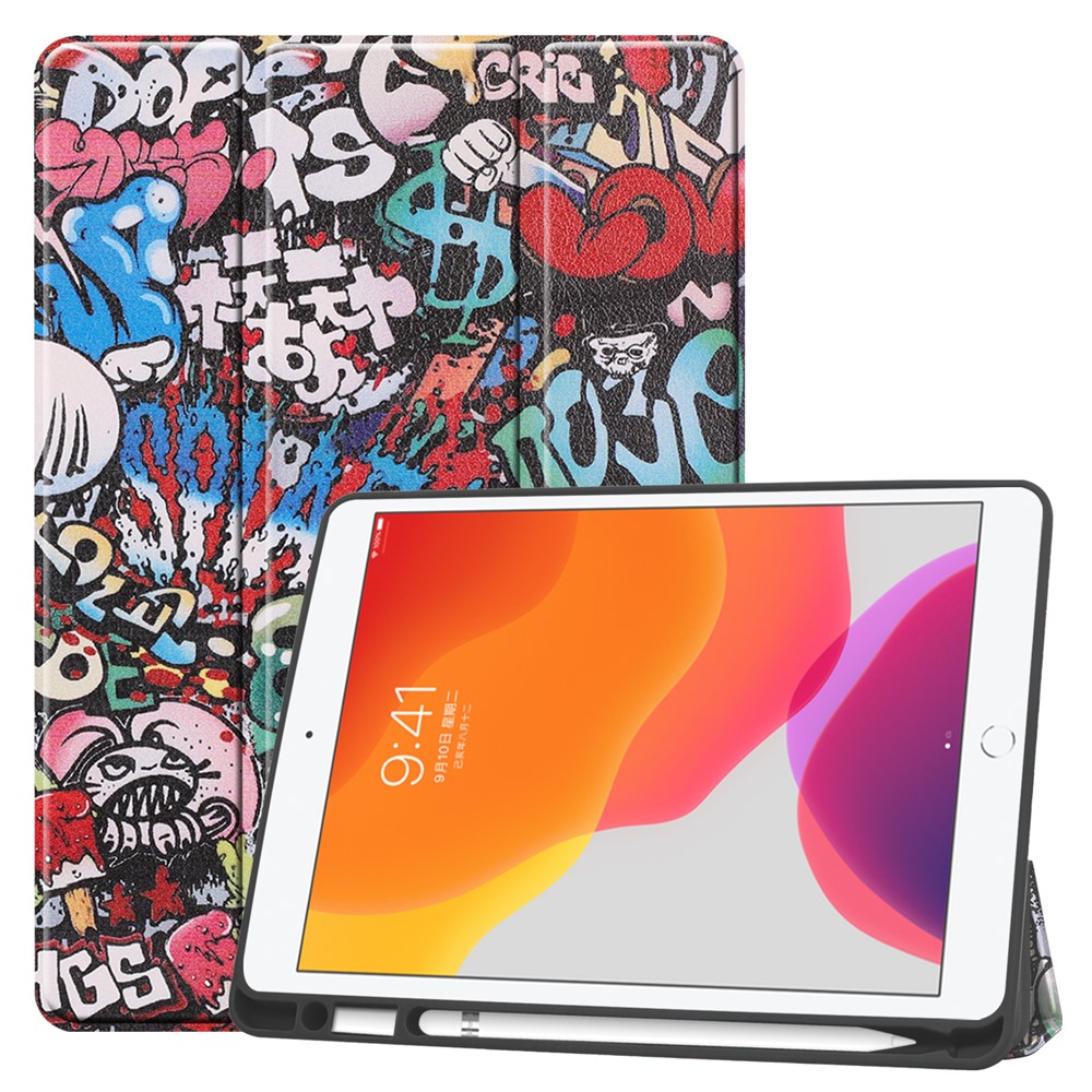 Pattern Printing Tri-fold Stand TPU Leather Smart Tablet Case with Apple Pencil Slot for iPad 10.2 (2019) - Graffiti Pattern-1
