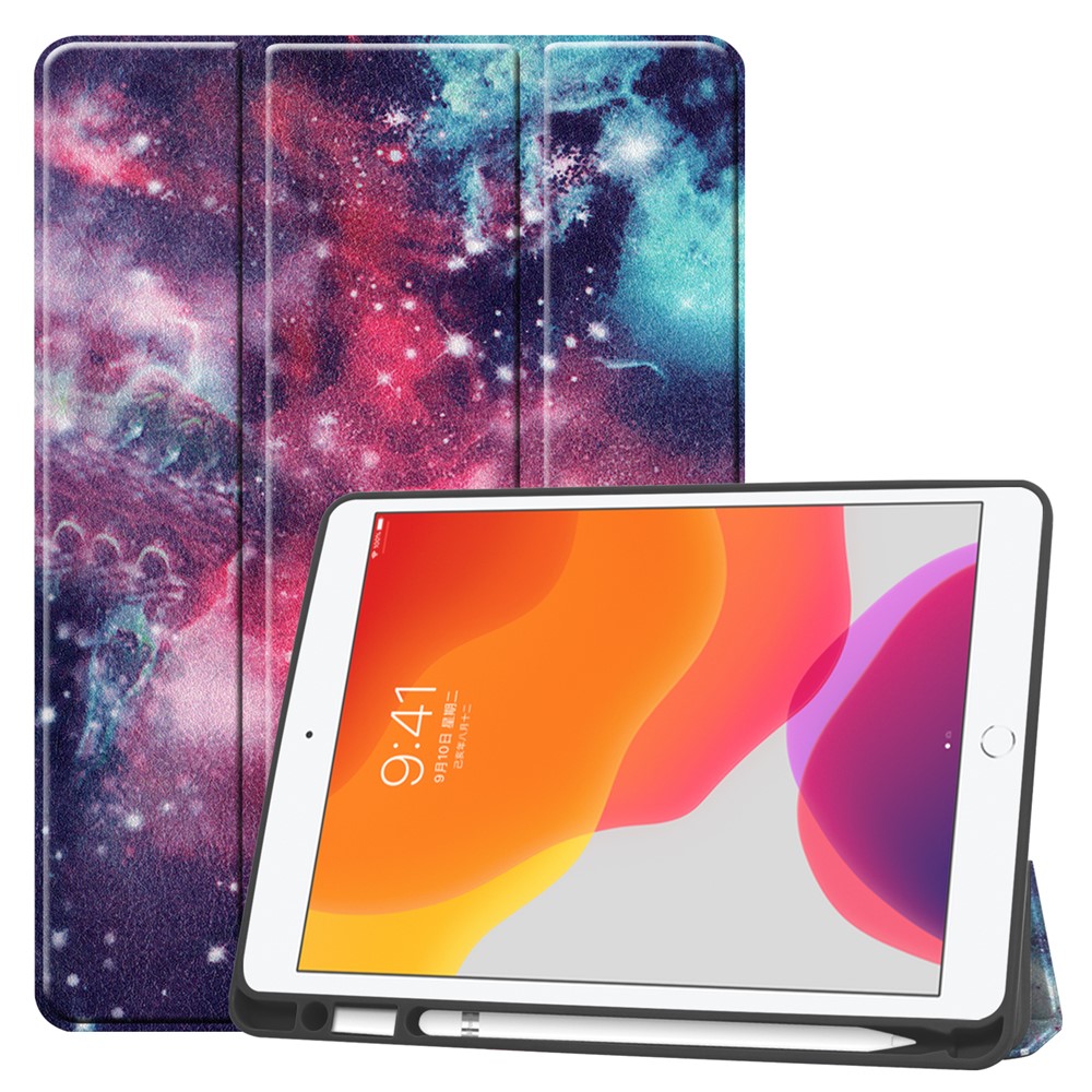 Pattern Printing Tri-fold Stand TPU Leather Smart Tablet Case with Apple Pencil Slot for iPad 10.2 (2019) - Space-1