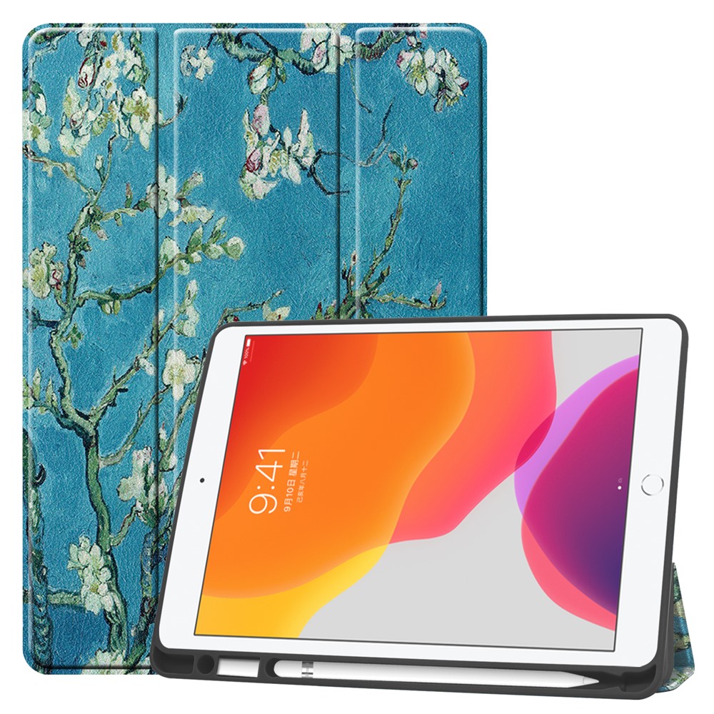 Pattern Printing Tri-fold Stand TPU Leather Smart Tablet Case with Apple Pencil Slot for iPad 10.2 (2019) - Plum Pattern-1
