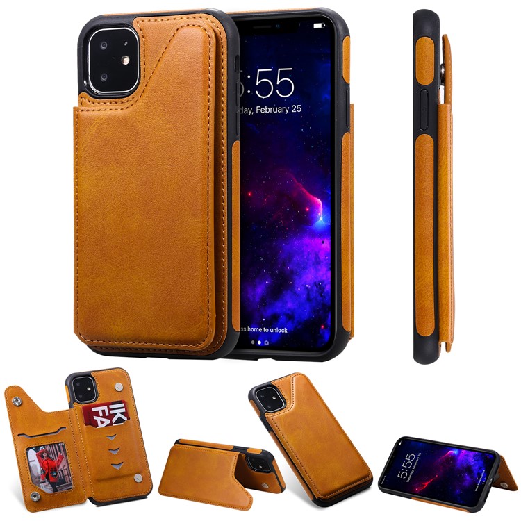 Card Slots PU Leather Coated TPU Cover Phone Case for iPhone 11 6.1-inch - Brown-1